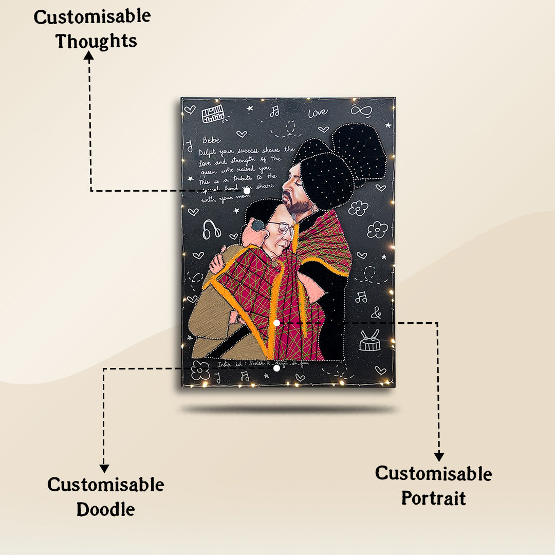 Custom Mother-Son Tribute String Art – Iconic Diljit Dosanjh & Bebe Portrait