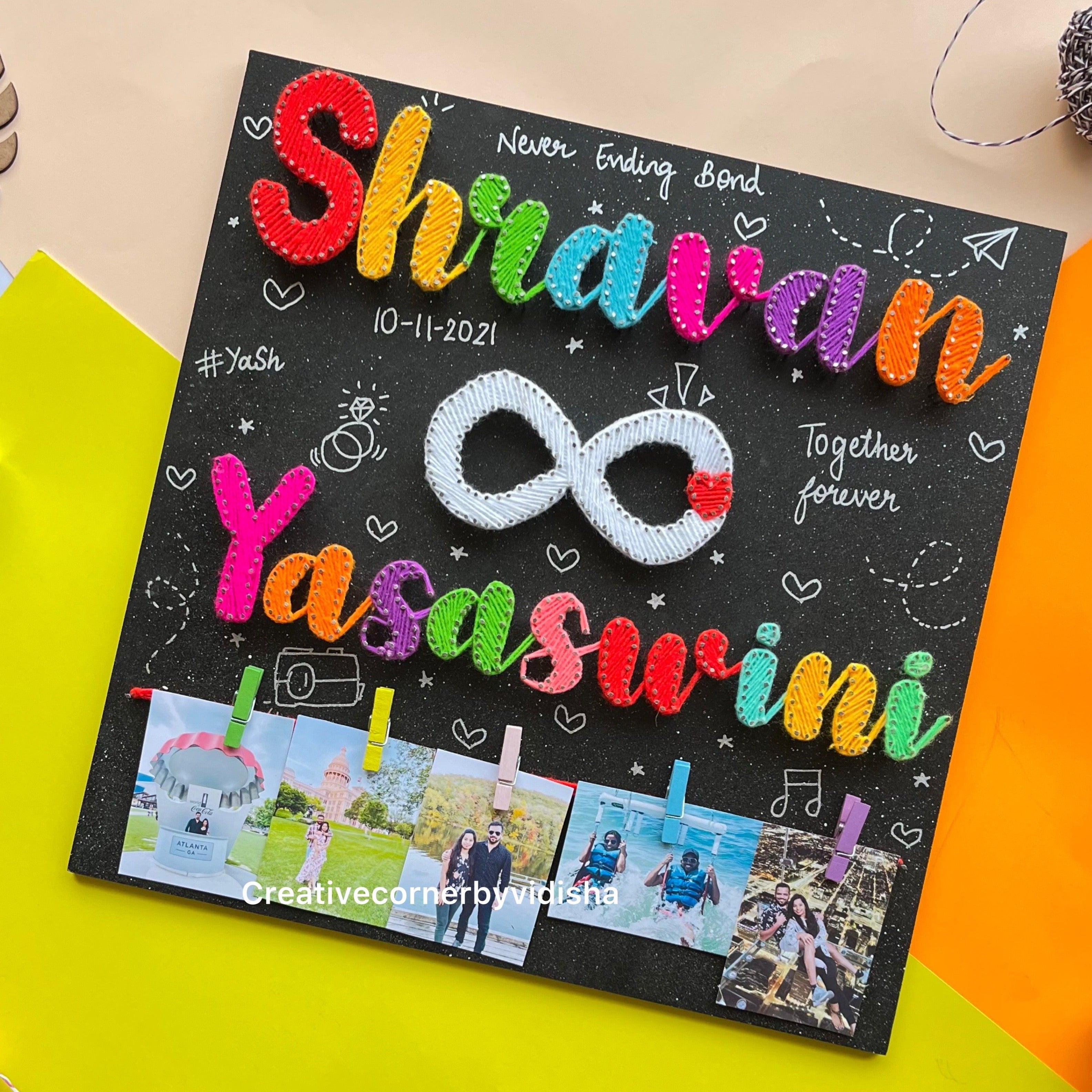 Personalized couple name string art with infinity and photos