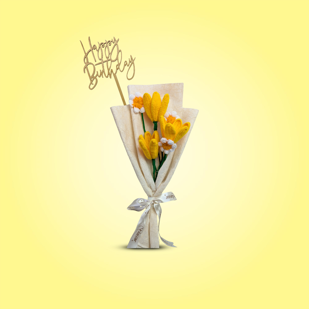 Yellow Crochet Tulip & Daisy Bouquet