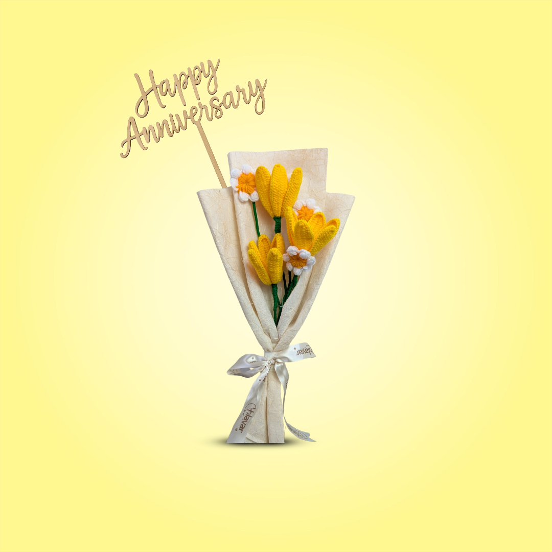Yellow Crochet Tulip & Daisy Bouquet