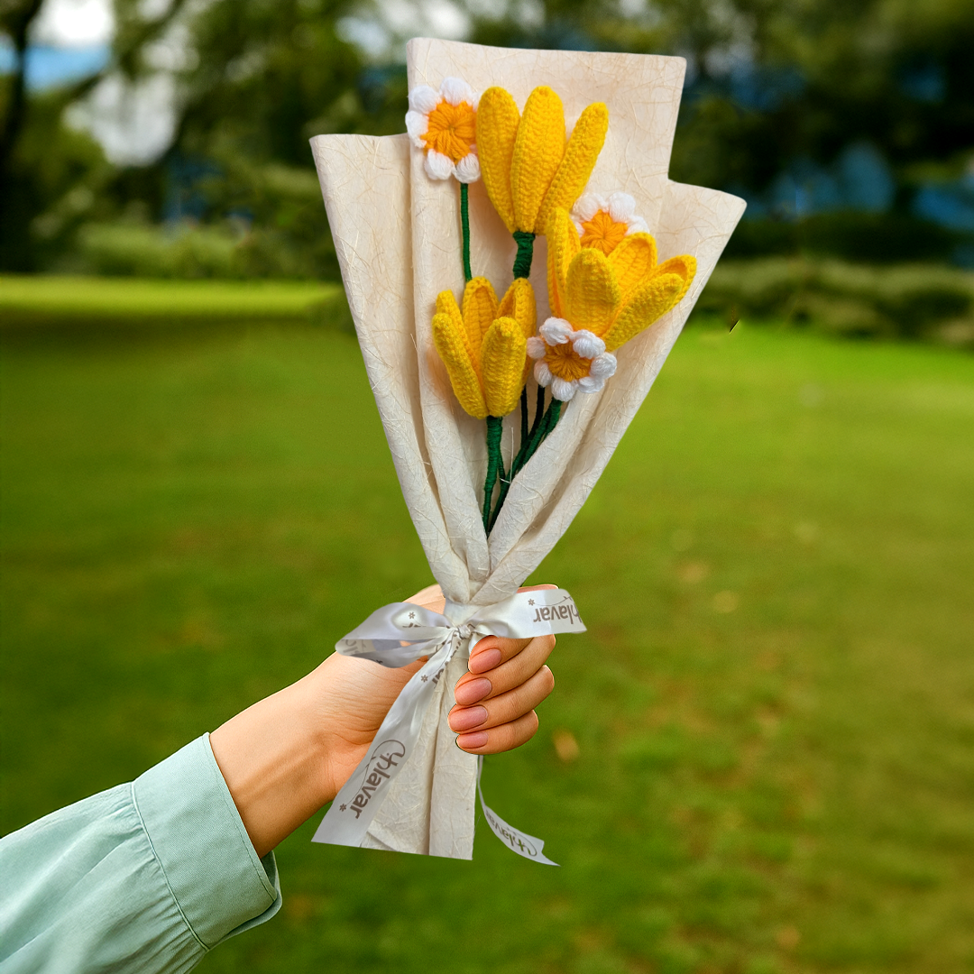 Yellow Crochet Tulip & Daisy Bouquet