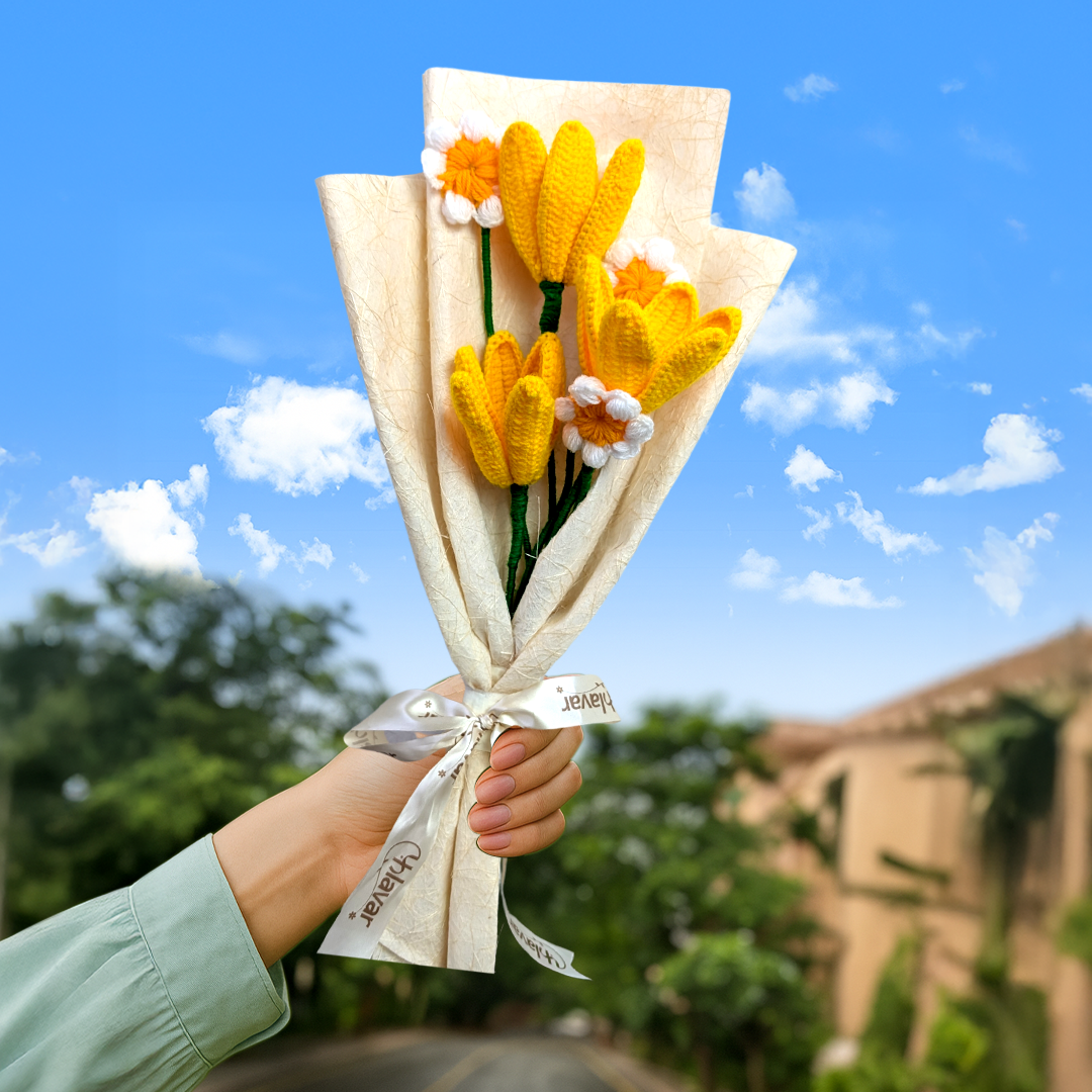 Yellow Crochet Tulip & Daisy Bouquet