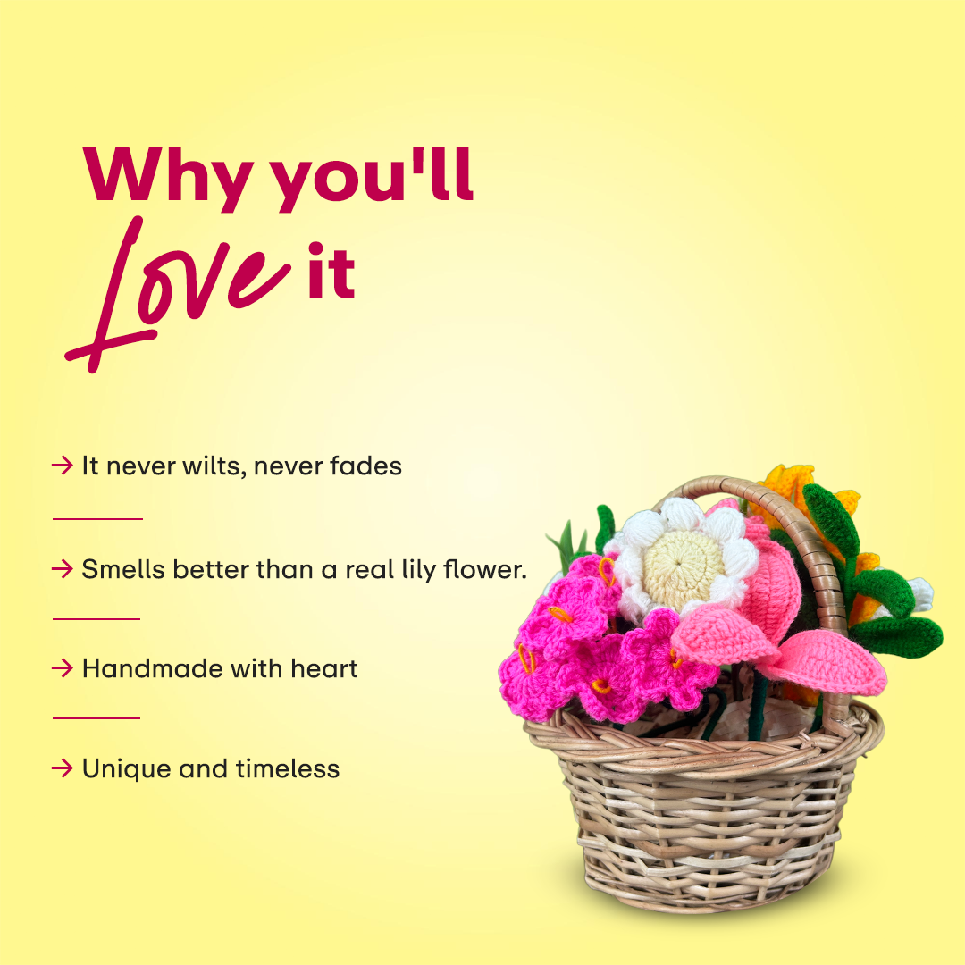 Sunshine Basket – With Crochet Sunflower & Mixed Flowers