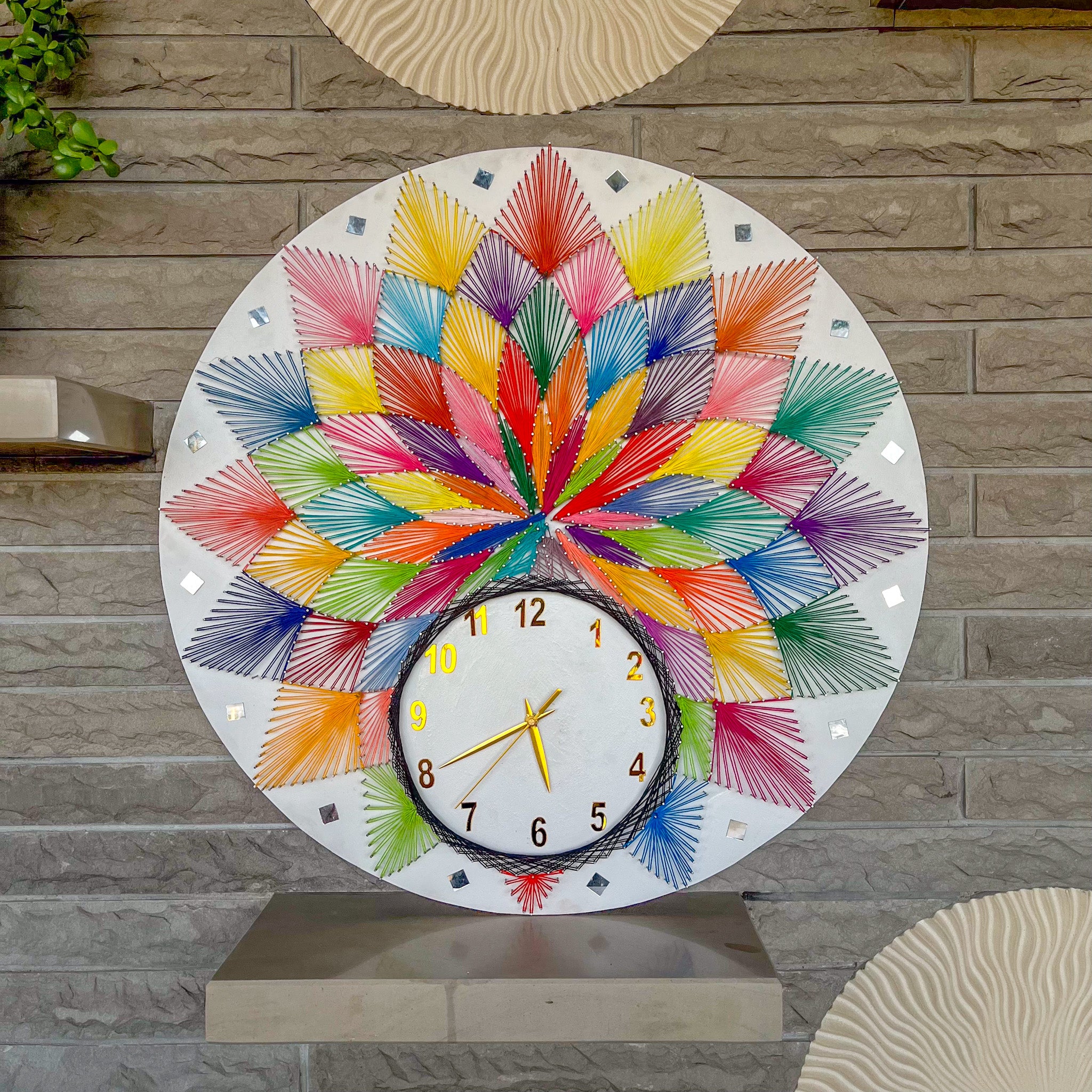 Handmade Thread and Nail Wall Clock, Multicolored Design