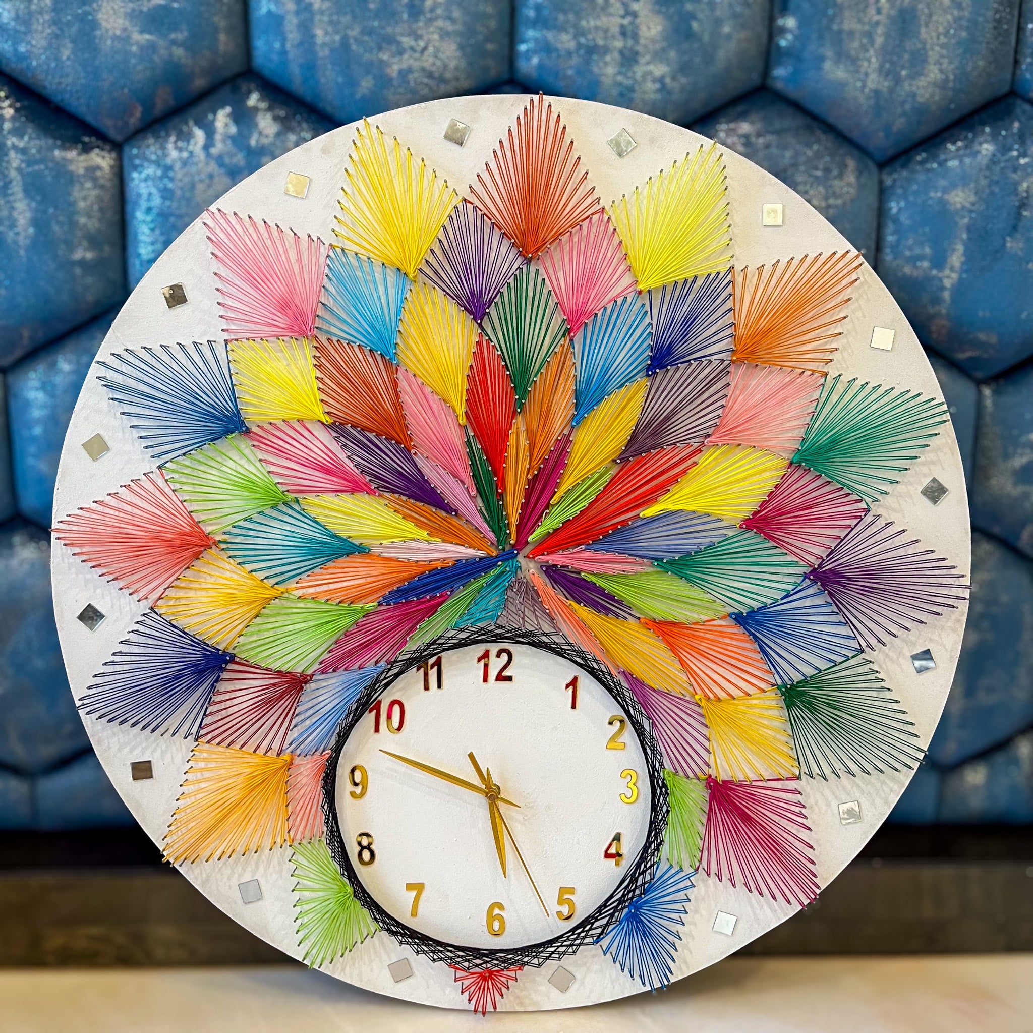 Handmade Thread and Nail Wall Clock, Multicolored Design