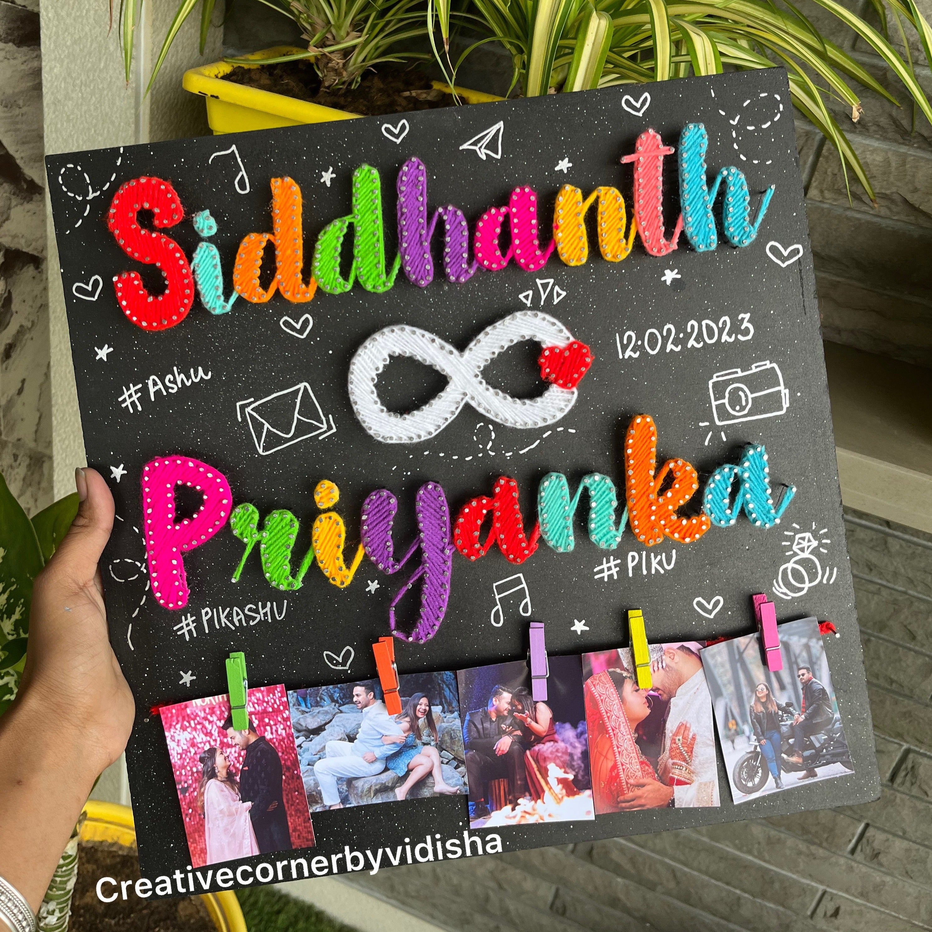 Personalized couple name string art with infinity and photos