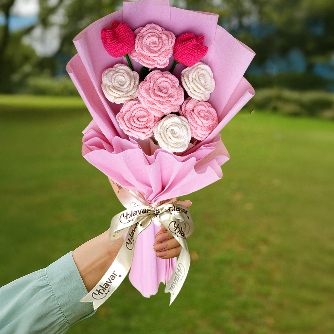 Pink & White Crochet Roses with Tulips