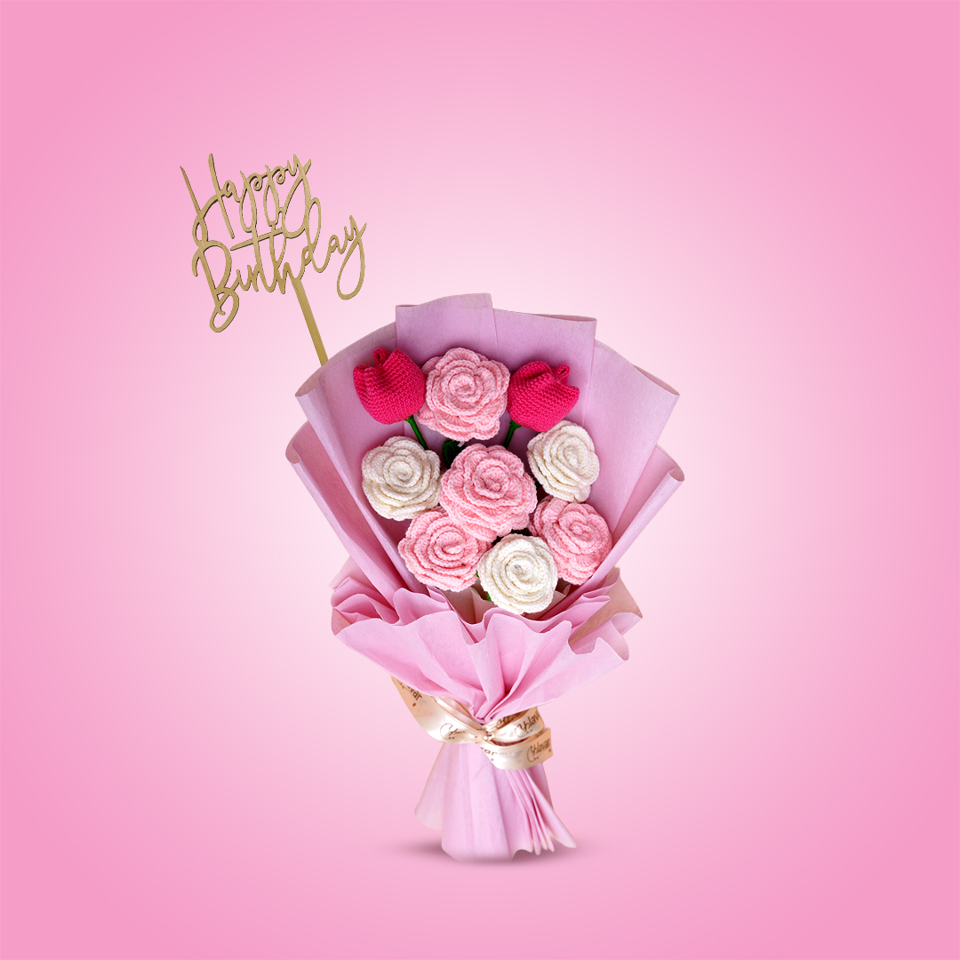 Pink & White Crochet Roses with Tulips