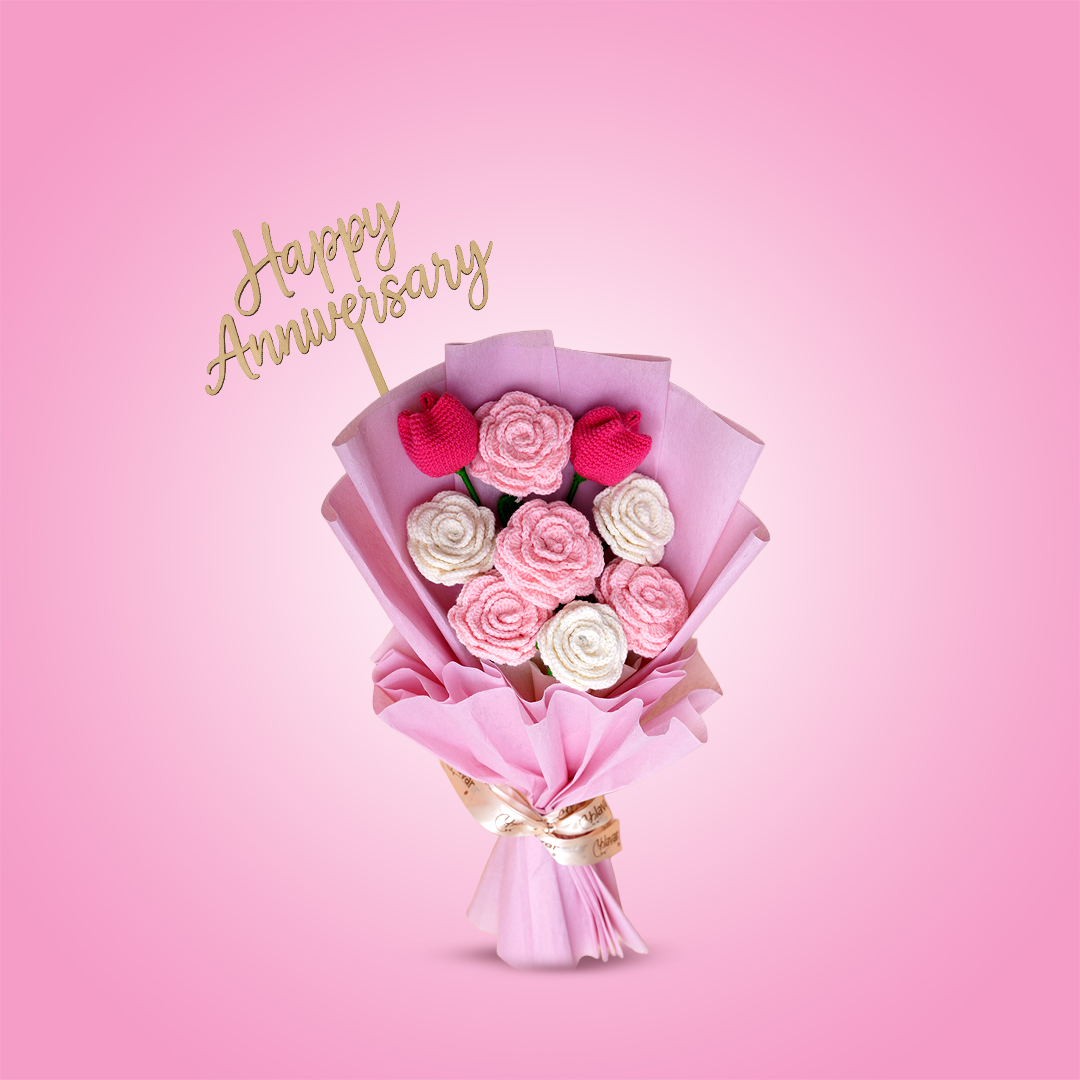 Pink & White Crochet Roses with Tulips