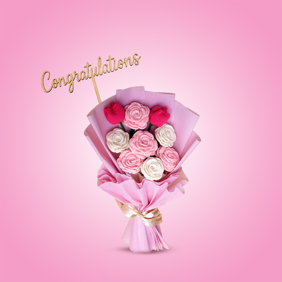 Pink & White Crochet Roses with Tulips