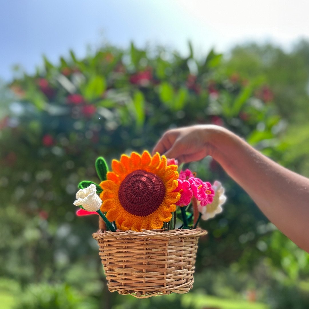 Sunshine Basket – With Crochet Sunflower & Mixed Flowers