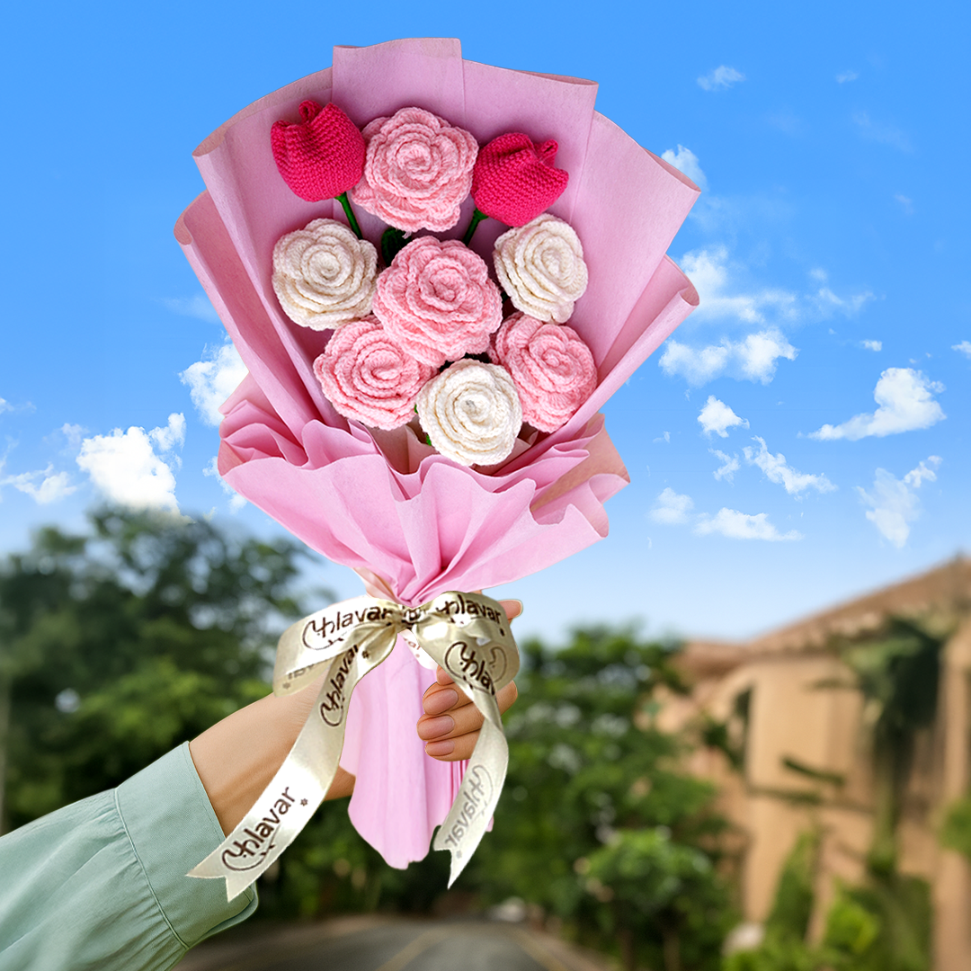 Pink & White Crochet Roses with Tulips