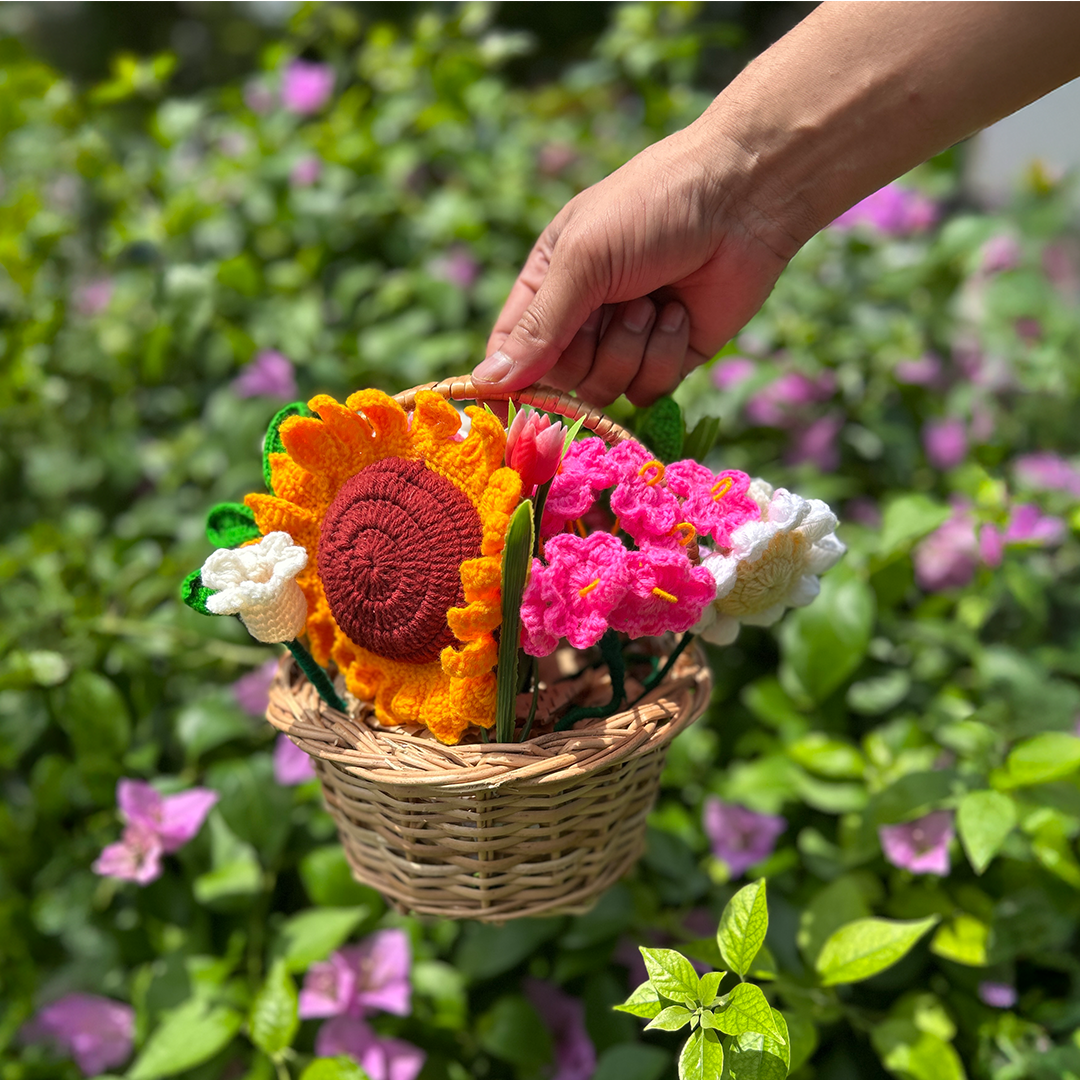 Sunshine Basket – With Crochet Sunflower & Mixed Flowers